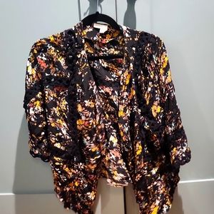 Anthro Meadow Rue Black Floral Silk Kimono Size M